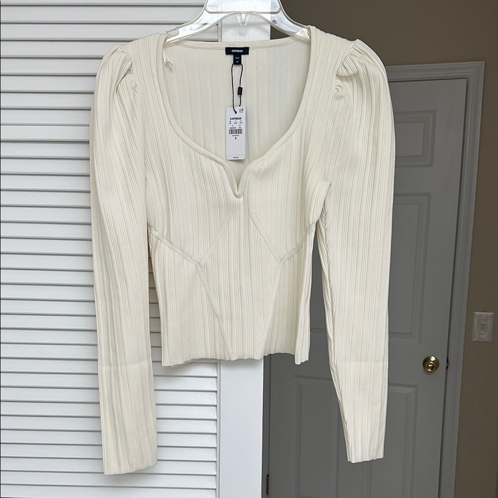 Express Cream Ribbed Fitted Blouse
